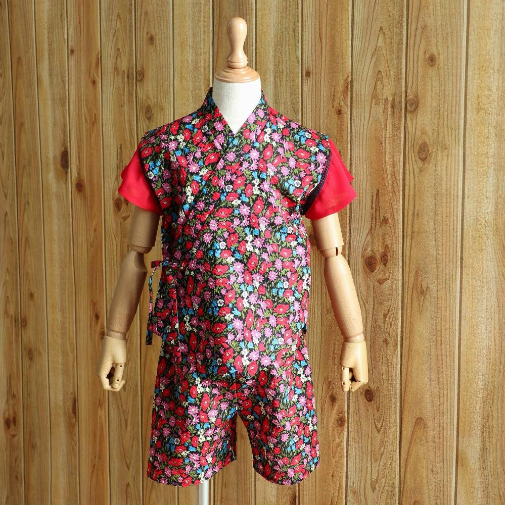 子ども甚平(pati pati)110~120cm レッド系 小花柄