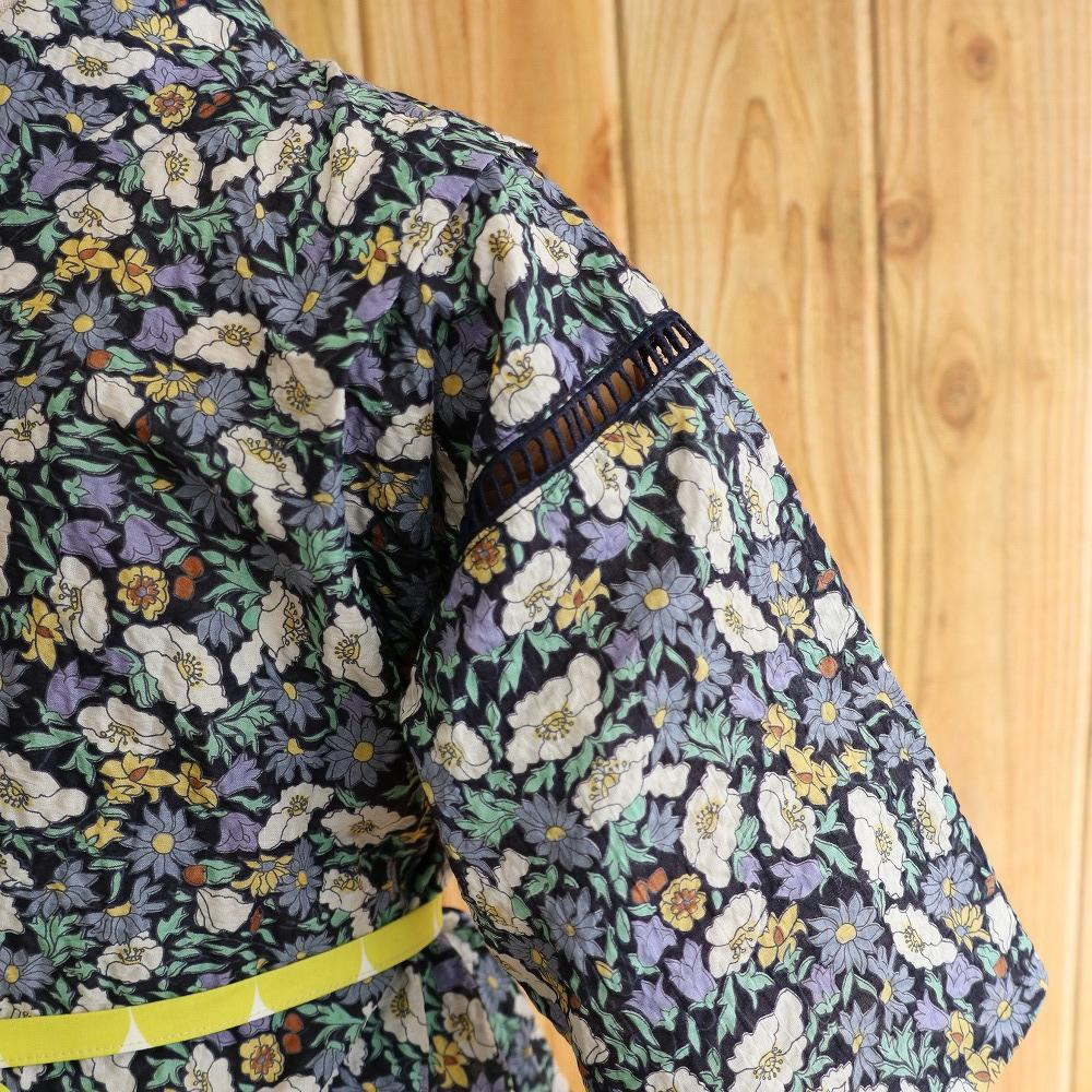 子ども甚平(pati pati)110~120cm 紺色小花柄×北欧風 イエロードット柄