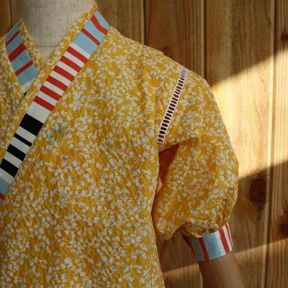 子ども甚平(pati pati)110~120cm イエロー系リーフ柄×ストライプ柄