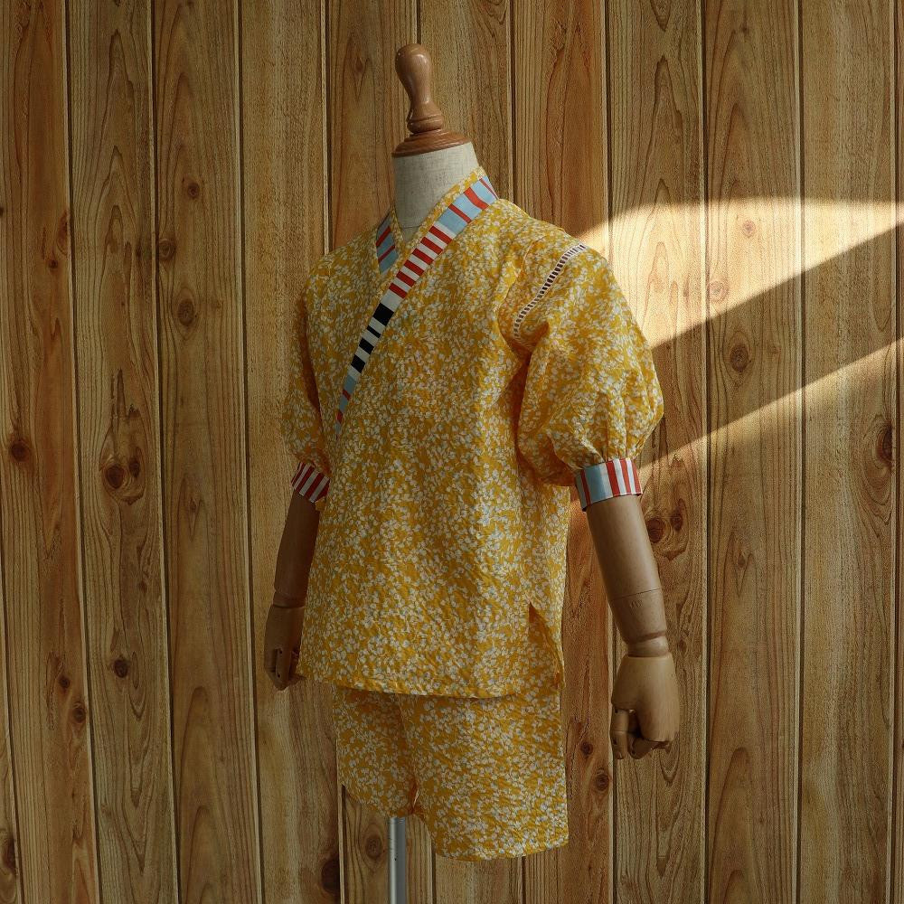 子ども甚平(pati pati)110~120cm イエロー系リーフ柄×ストライプ柄