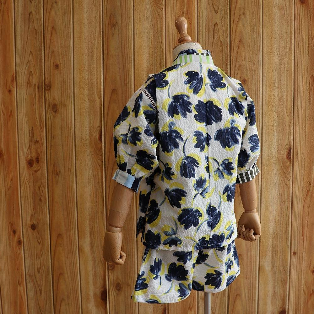 子ども甚平(pati pati)110~120cm ダークブルー花柄×イエロー