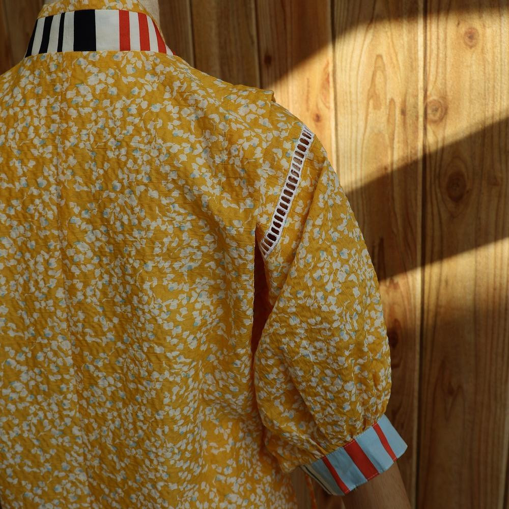 子ども甚平(pati pati)110~120cm イエロー系リーフ柄×ストライプ柄