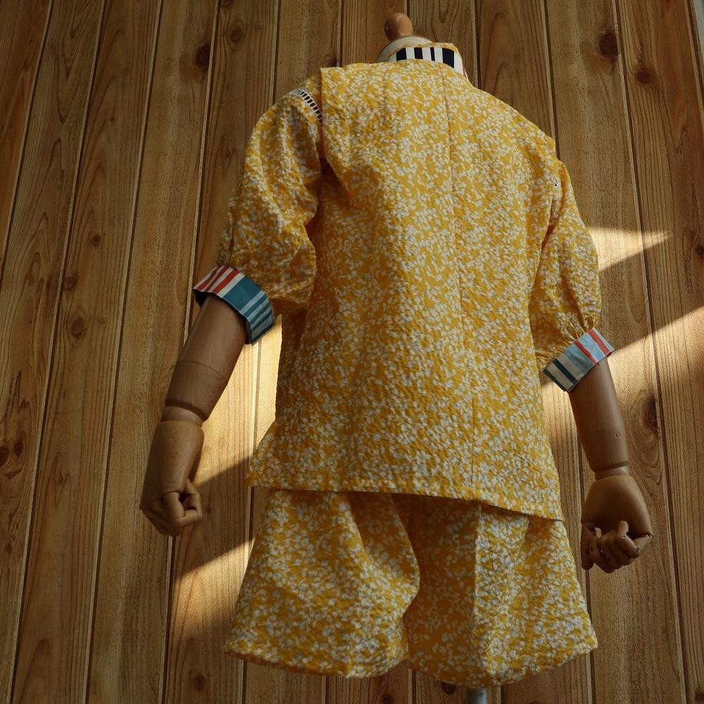 子ども甚平(pati pati)110~120cm イエロー系リーフ柄×ストライプ柄