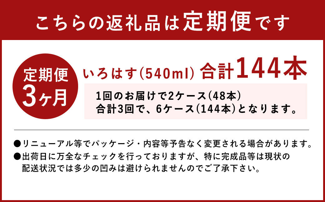 【定期便3回】い・ろ・は・す（いろはす）阿蘇の天然水 540ml 計48本×3回