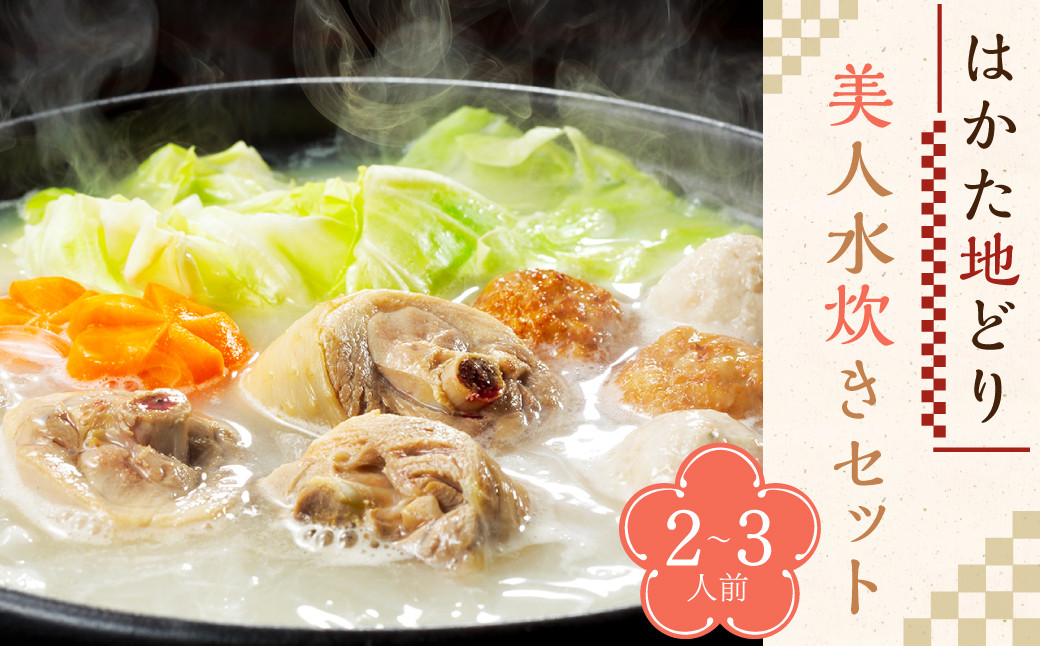 はかた地どり 美人水炊き セット ( 2-3人前 ) 総重量1130g 鍋 鶏ガラ スープ もも肉切身 つみれ ラー麦麺