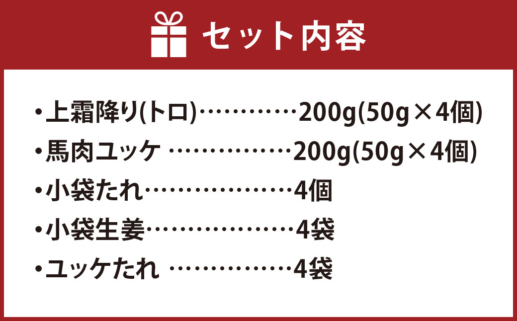 熊本 馬刺し 上霜降り (トロ) 200g + 馬肉ユッケ 200g 合計400gセット 熊本県 高森町 冷凍