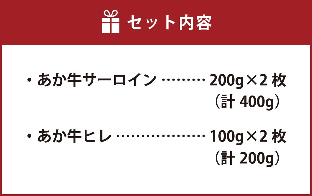あか牛 サーロイン・ヒレ ステーキ 600g(サーロイン200g×2枚・ヒレ100g×2枚)