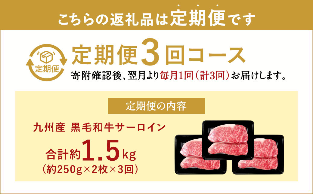 【3ヶ月定期便】 九州産 黒毛和牛 サーロインステーキ 合計約1.5kg (約250g×2枚×3回)