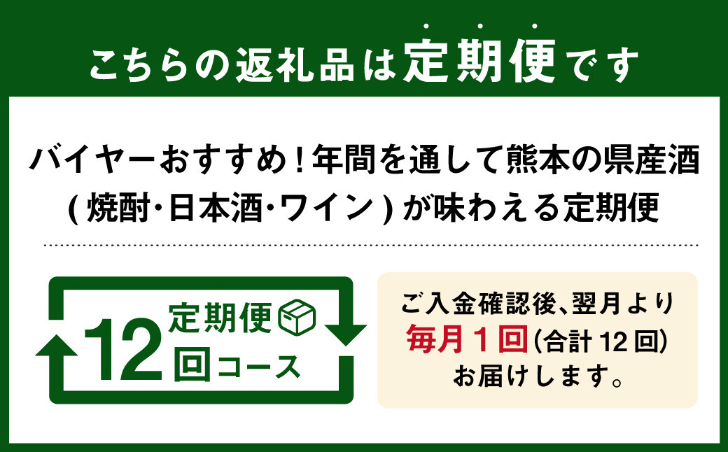 【年12回定期便】 バイヤーおすすめ!年間を通して熊本の 県産酒 ( 焼酎 ・ 日本酒 ・ ワイン )が味わえる 定期便