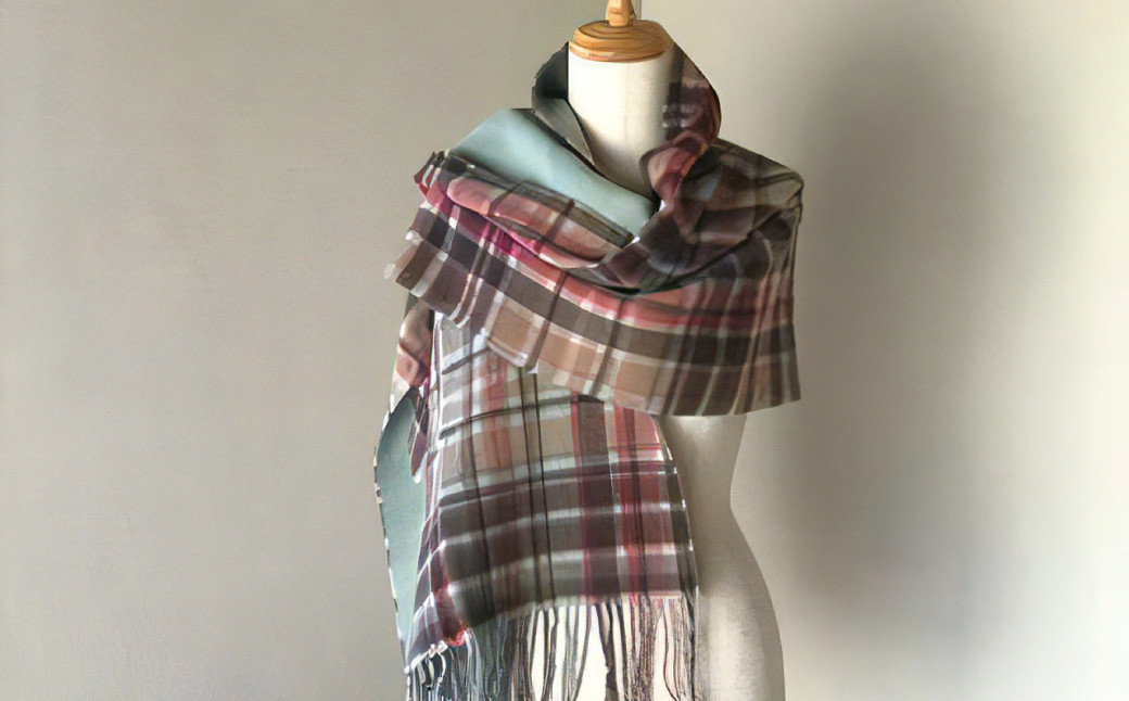 Made in Japan カシミヤ100%  チェック リバーシブル マフラー ミントグリーン RF501