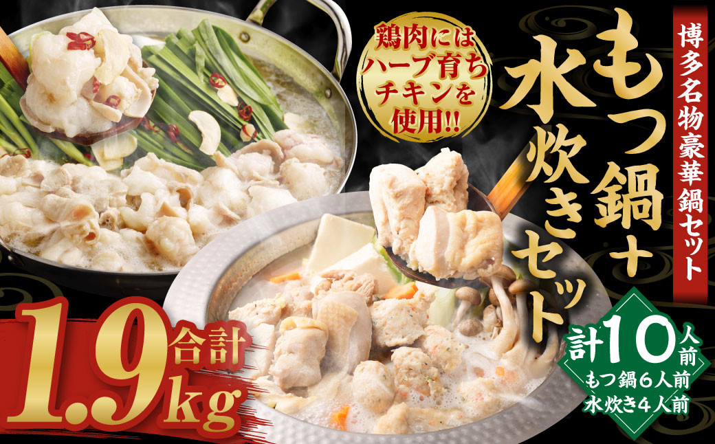 国産黒毛和牛もつ鍋(醤油味)6人前 冷凍ちゃんぽん・濃縮スープ付+ハーブ育ちチキン使用!水炊き4人前 合計10人前