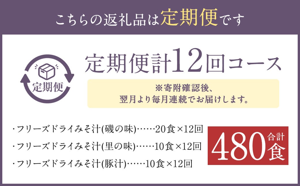 【12ヶ月定期便】フリーズドライみそ汁(磯の味&里の味&豚汁)3種40食