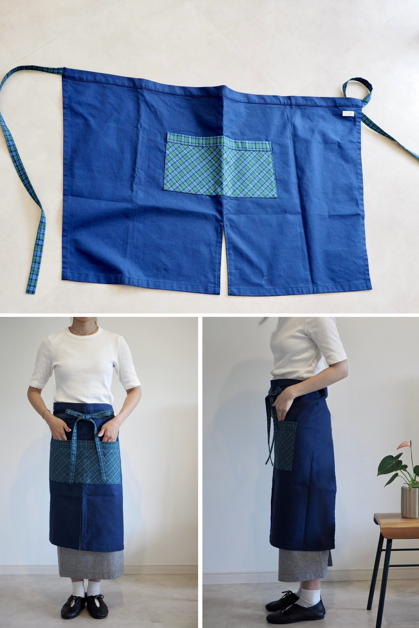 エプロンはチェックと無地からお選びいただけます。写真は無地です。