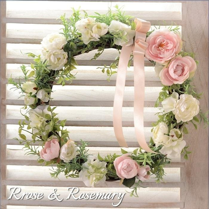 【手作りキット】「ローズとローズマリーのエレガントリース」 ブライダルピンク