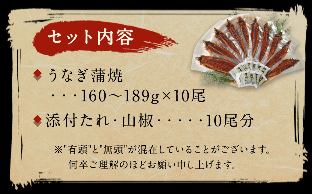 鰻天屋の九州産うなぎ 蒲焼 10尾 セット (1尾あたり160~189g)