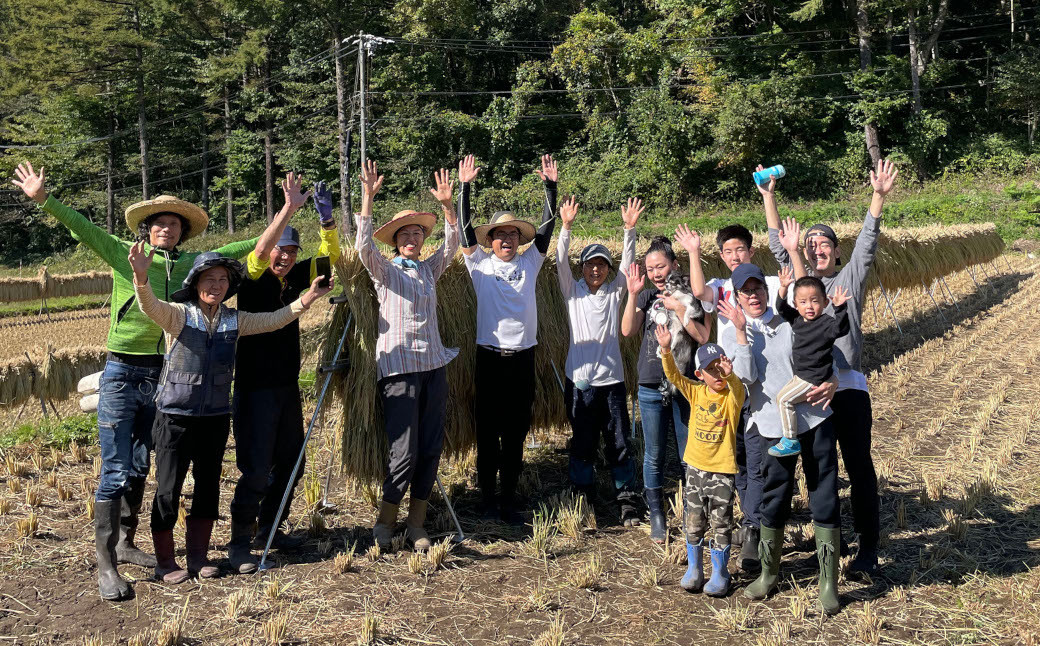 みんなで稲刈り。ハゼ掛けで天日干しします。