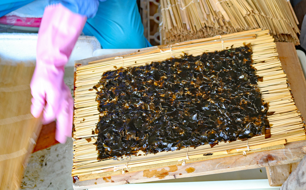 手摘みしたはばのりは、よく洗って細かく刻み隙間なく均一にいせて天日干しします。