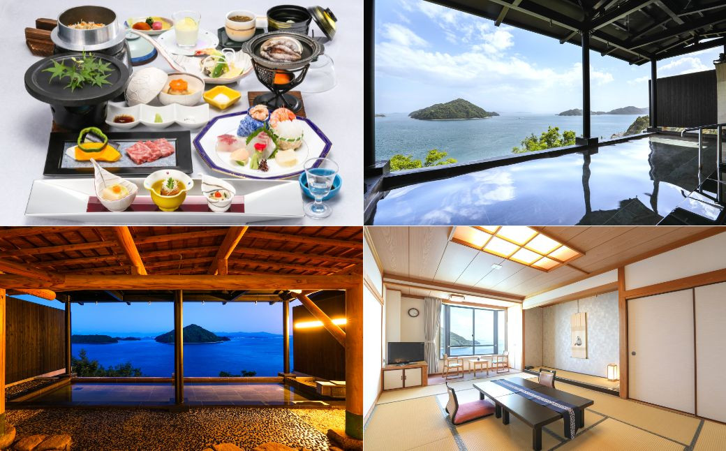 多島美の絶景が広がる露天風呂に加え、7種のお刺身やアワビの踊り焼きなど、旬の山海の幸を使った会席料理をお楽しみいただけます。