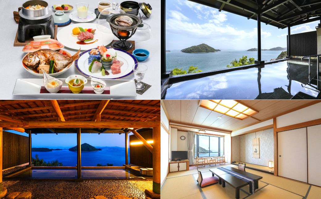 多島美の絶景が広がる露天風呂に加え、7種のお刺身やアワビの踊り焼きなど、旬の山海の幸を使った会席料理をお楽しみいただけます。