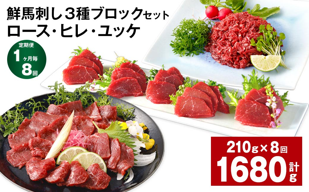 【1ヶ月毎8回定期便】鮮馬刺し 3種ブロックセット(ロース・ヒレ・ユッケ)