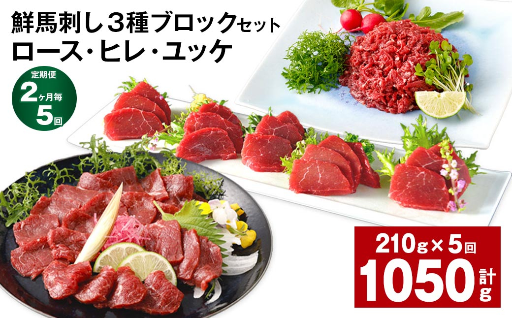 【2ヶ月毎5回定期便】鮮馬刺し 3種ブロックセット(ロース・ヒレ・ユッケ)