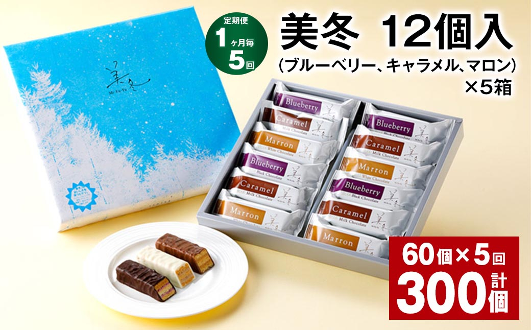  【1ヶ月毎5回定期便】美冬12個入（ブルーベリー、キャラメル、マロン）×5箱