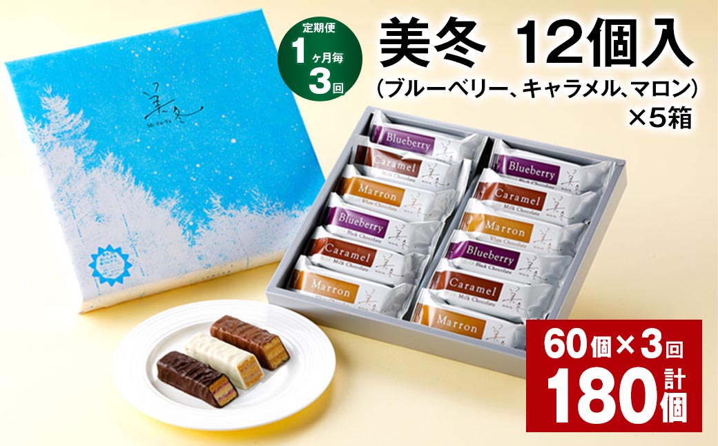 【1ヶ月毎3回定期便】美冬12個入(ブルーベリー、キャラメル、マロン)×5箱