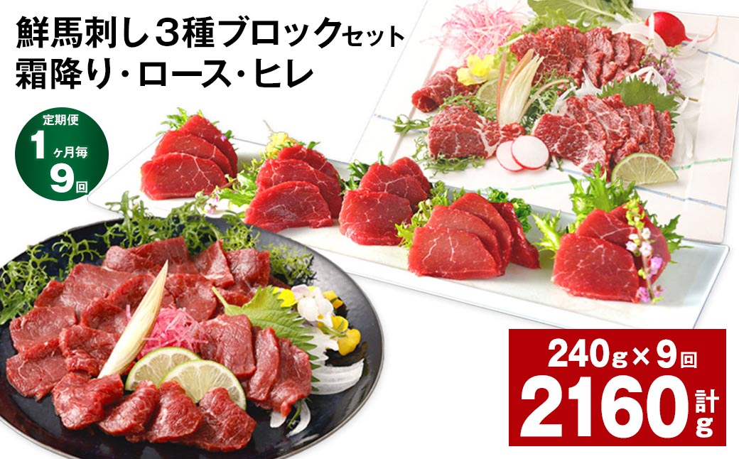 【1ヶ月毎9回定期便】鮮馬刺し 3種ブロックセット(霜降り・ロース・ヒレ)