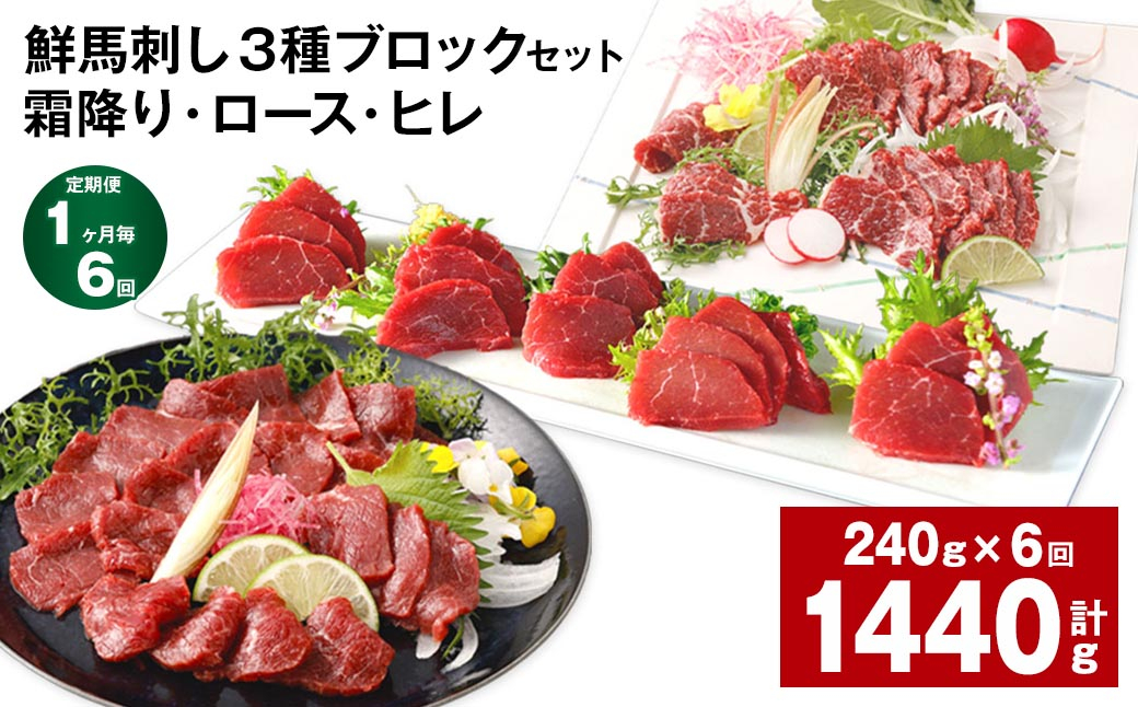 【1ヶ月毎6回定期便】鮮馬刺し 3種ブロックセット(霜降り・ロース・ヒレ)