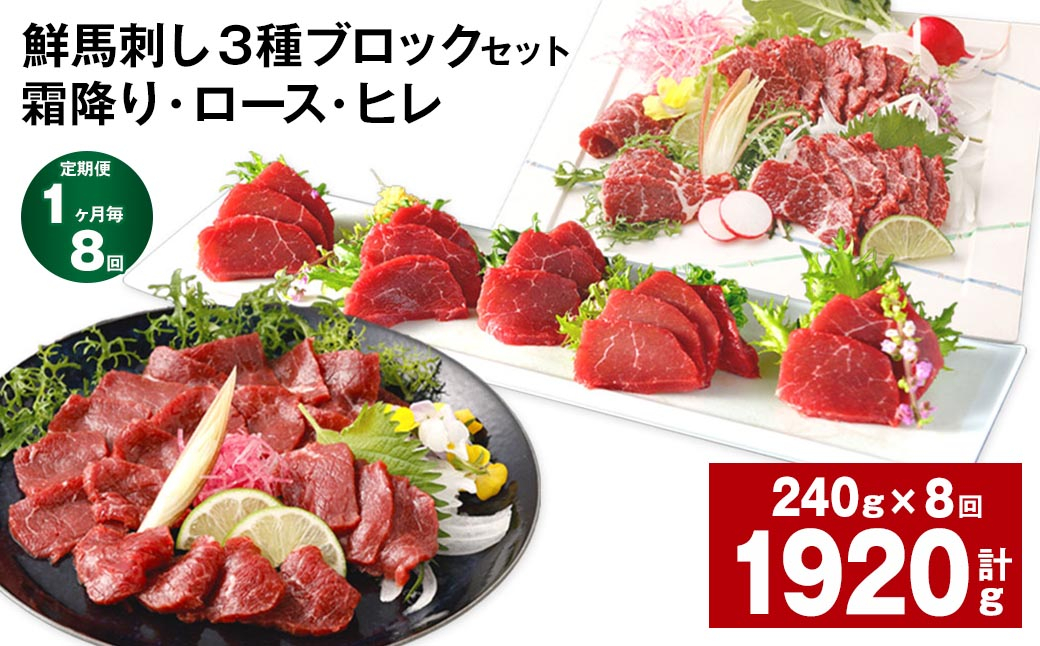 【1ヶ月毎8回定期便】鮮馬刺し 3種ブロックセット(霜降り・ロース・ヒレ)