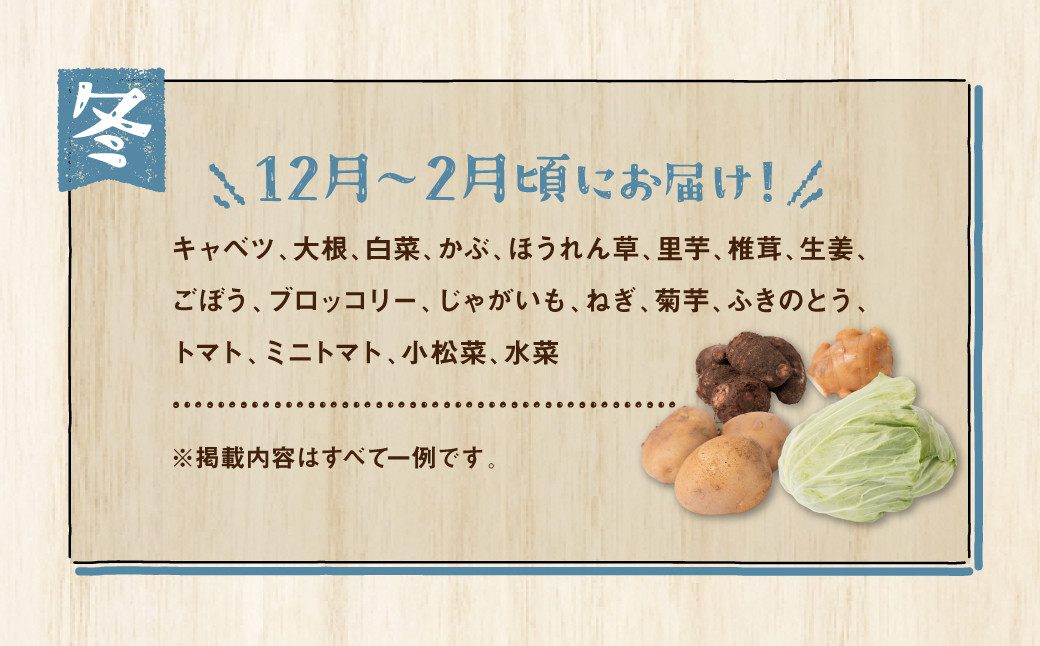 12月~2月頃にお届け!キャベツ、大根、白菜、かぶ、ほうれん草、里芋、椎茸、生姜、ごぼう、ブロッコリー、じゃがいも、ねぎ、菊芋等