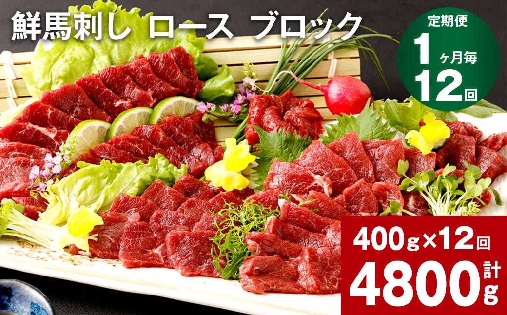 【1ヶ月毎12回定期便】鮮馬刺し ロース ブロック 計約4800g(約400g×12回)