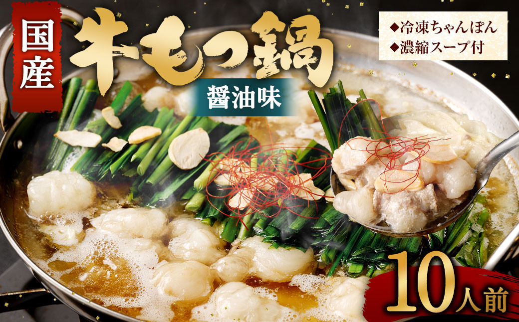 国産 牛もつ鍋 10人前 牛もつ たっぷり1,000g 冷凍ちゃんぽん 濃縮スープ付