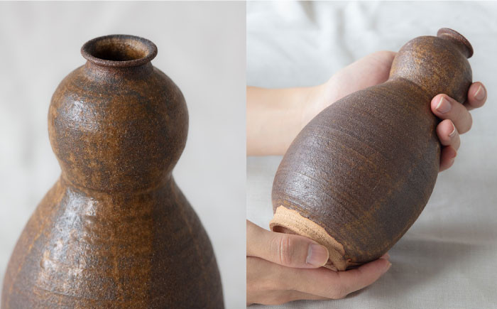 土師窯 伊羅保釉瓢 花入 花瓶 陶器 一輪挿し 陶芸品 フラワーベース
