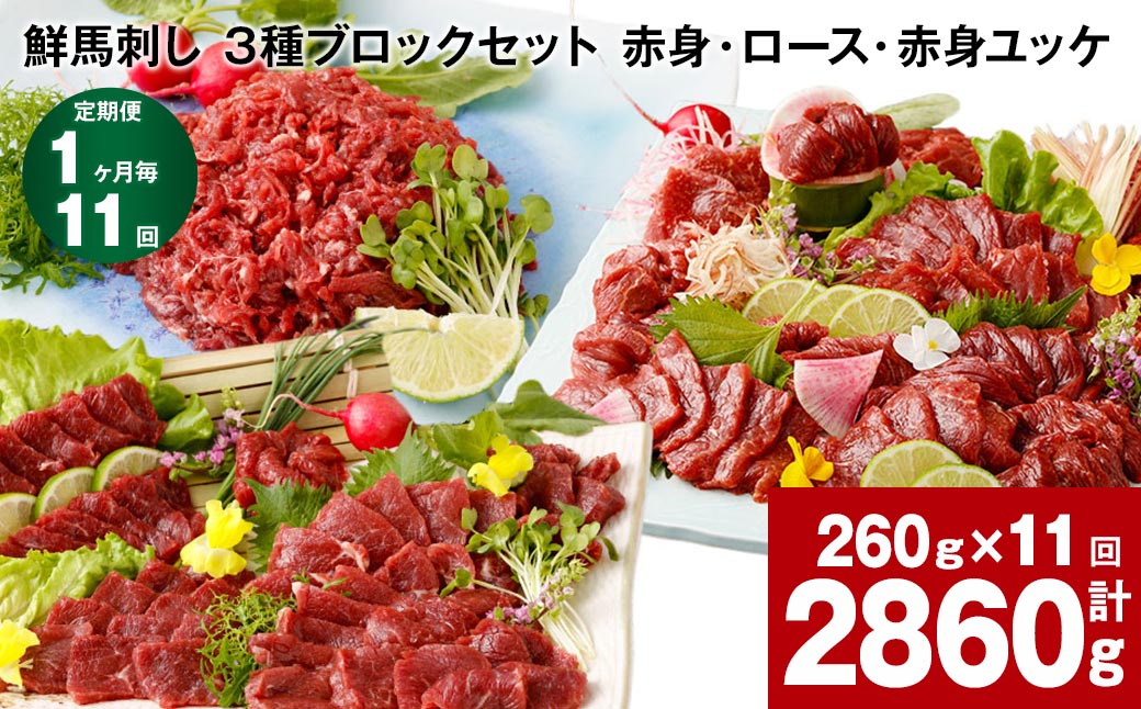【1ヶ月毎11回定期便】菅乃屋ミート鮮馬刺し 3種ブロックセット(赤身・ロース・赤身ユッケ)
