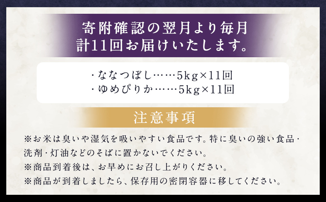 【11ヶ月定期便】らんこし米食べ比べ（ななつぼし・ゆめぴりか）各5kg