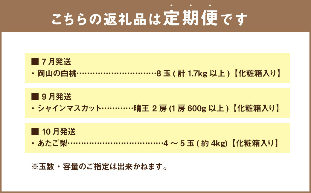 【3回定期便】岡山県産 フルーツ定期便コース （白桃・ 晴王・あたご梨）