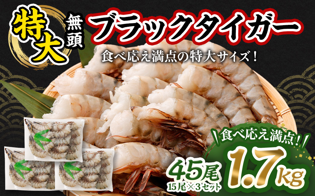 特大 ブラックタイガー 無頭えび 45尾(15尾 × 3セット)| 海老 えび エビ ブラックタイガー 海鮮 魚介 殻付き 冷凍