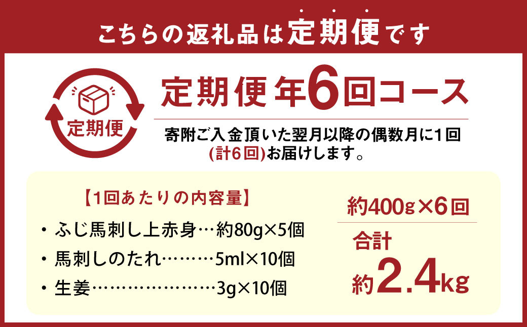 【年6回定期便】隔月届く馬刺しの定期便！ふじ馬刺し上赤身400g×6回 合計2.4kg