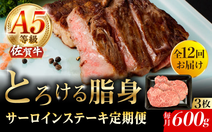 【12回定期便】A5等級 佐賀牛 サーロインステーキ 600g（200g×3枚）/ナチュラルフーズ [UBH108]