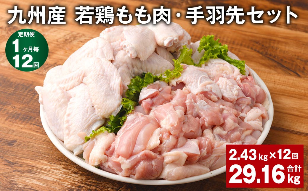 【1ヶ月毎12回定期便】 九州産 若鶏もも肉・手羽先セット 計約29.16kg(約2.43kg?12回) 鶏肉 もも肉 手羽先