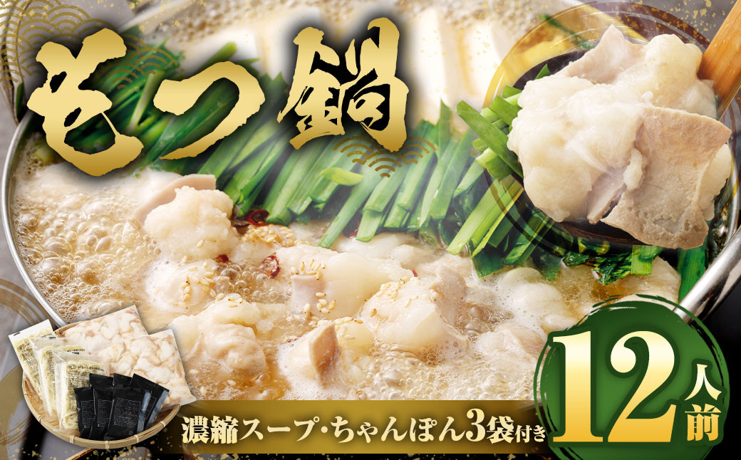 もつ鍋 12人前 ( アメリカ産 牛小腸 )・ 濃縮スープ ・ ちゃんぽん 3袋付き