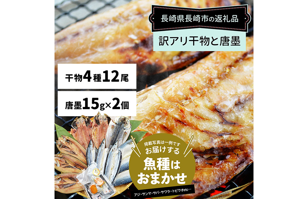 【全12回定期便】長崎加工 訳ありおまかせ干物 4種類 (12枚) と カラスミ詰め合わせ