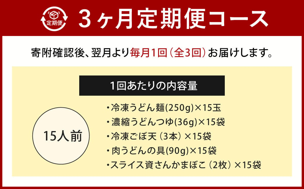 【定期便3カ月】 資さん肉ごぼ天うどん（15人前）×3回