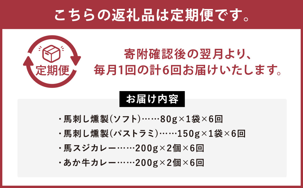 【6ヶ月定期便】ご当地グルメ! 馬刺し燻製2種と馬スジ・あか牛カレーのセット 4種 全6袋セット