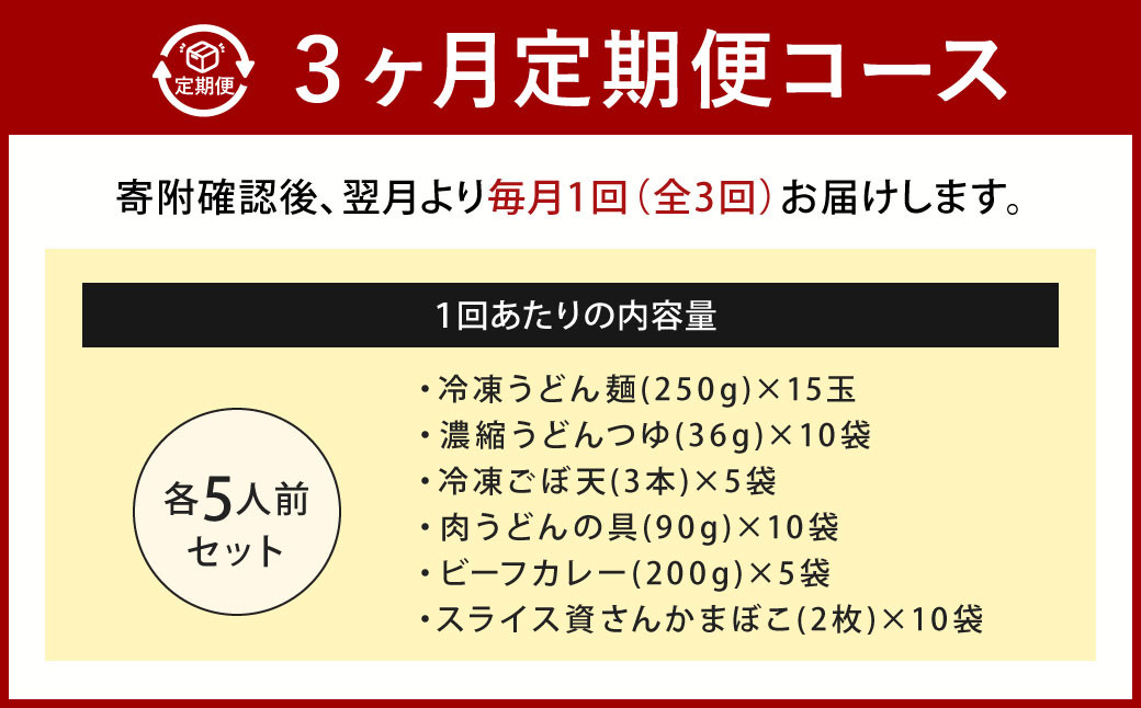 【定期便3カ月】 資さん 食べ比べセット（肉ごぼ天うどん・肉うどん・カレーうどん）各5人前×3回