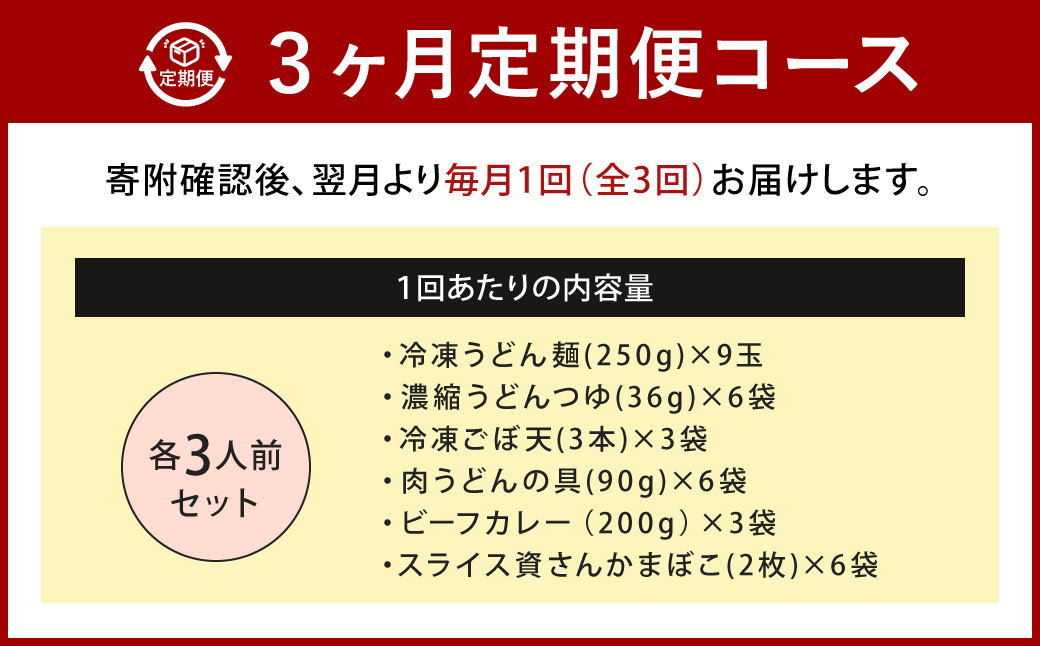 【定期便3カ月】 資さん 食べ比べセット（肉ごぼ天うどん・肉うどん・カレーうどん）各3人前×3回