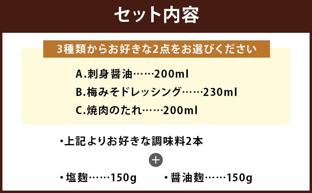 【選べる】さっと使える 栄養味噌製作の調味料 2種類と 塩麹・醤油麹のセット！ 計4点