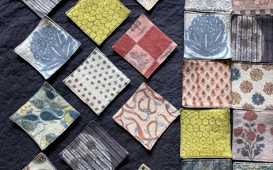 植物染め ・ 更紗 コースター 3種セット / オーガニックコットン コットン 綿 柿渋染 植物染 インディゴ やまもも 蘇芳