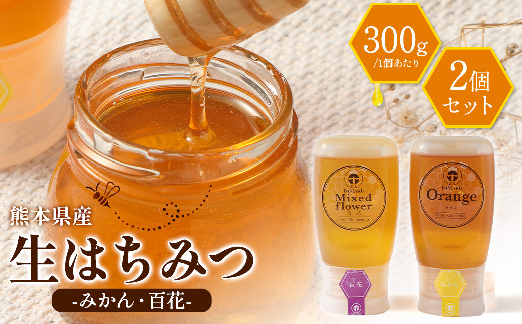 熊本県産 ”手詰め非加熱” 生はちみつ お手軽 2種 セット (みかん・百花) 各300g 合計2個